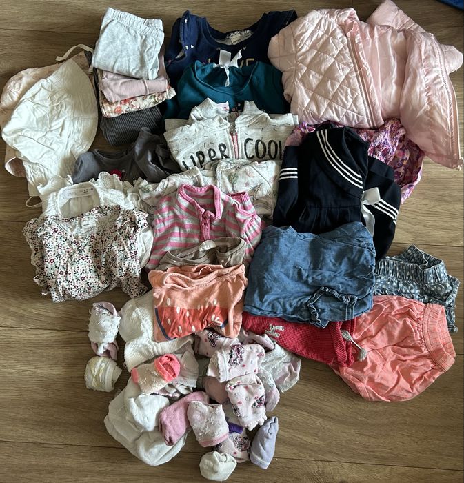 Paczka zestaw ubranek dla dziewczynki rozmiar 80 ponad 55 sztuk