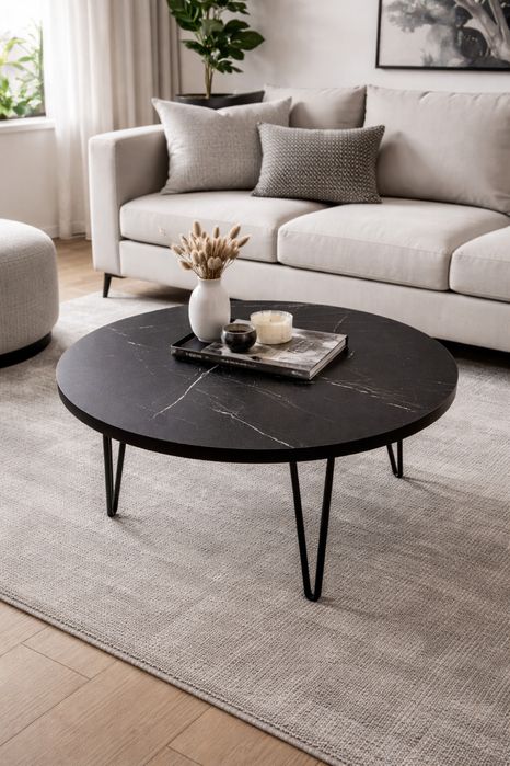 Stolik kawowy okrągły marmur czarny ława