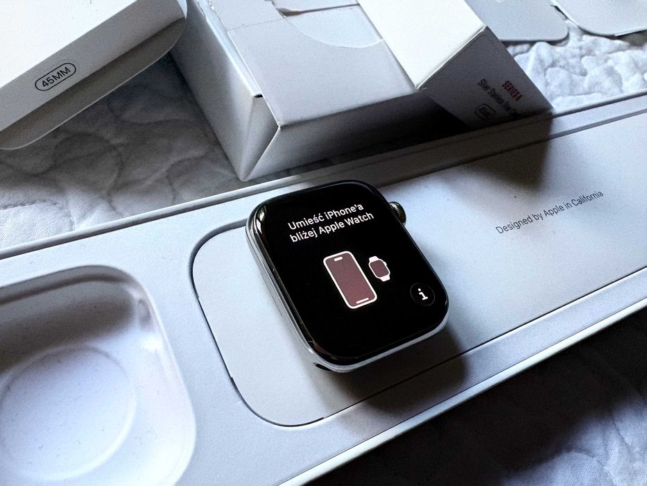 NIEUŻYWANY Apple Watch 8 45mm stalowy srebrny cellular BATERIA 100%