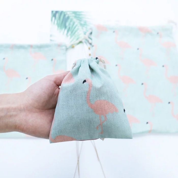 Lot of 2 Linen Bags (Flamingos + Plain) with Drawstring!64553269431297122