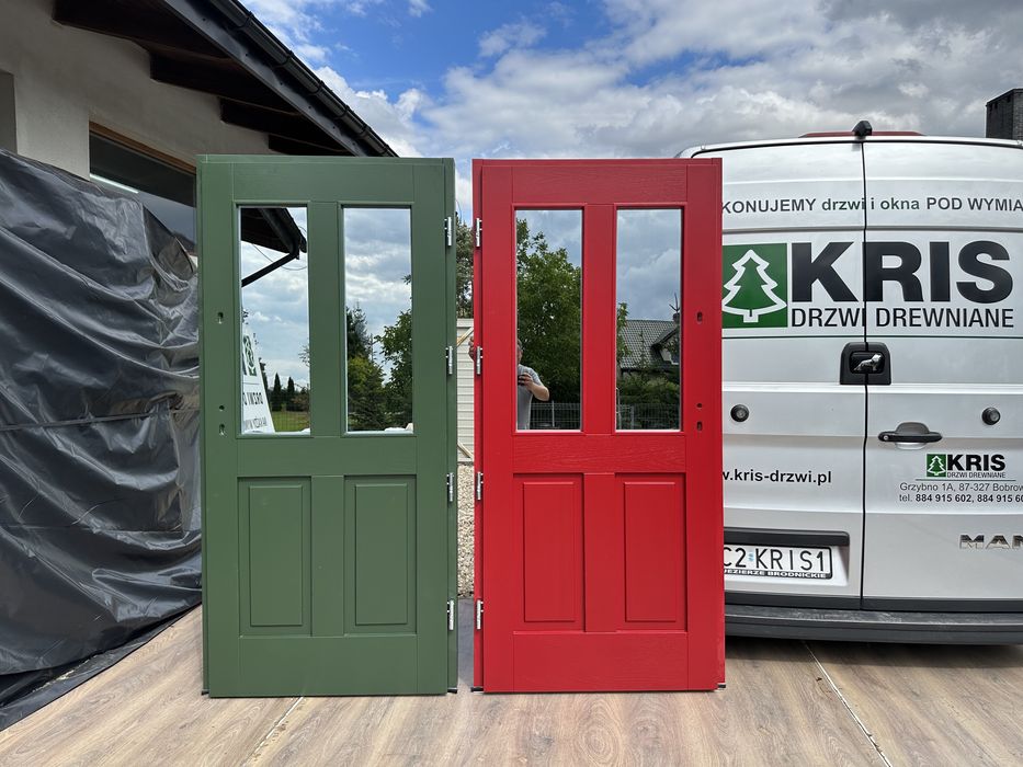 Drzwi zewnętrzne drewniane 800 OFERTzieloneAngielskie czerwone zielone