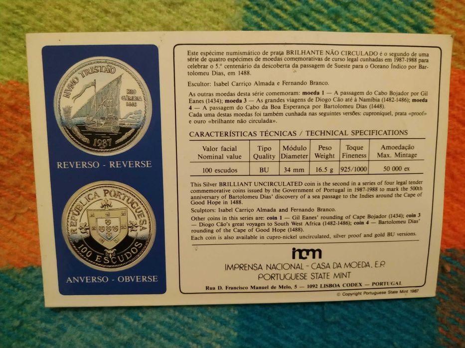 Portugal - moeda em prata de 100 escudos de 1987 Nuno Tristão