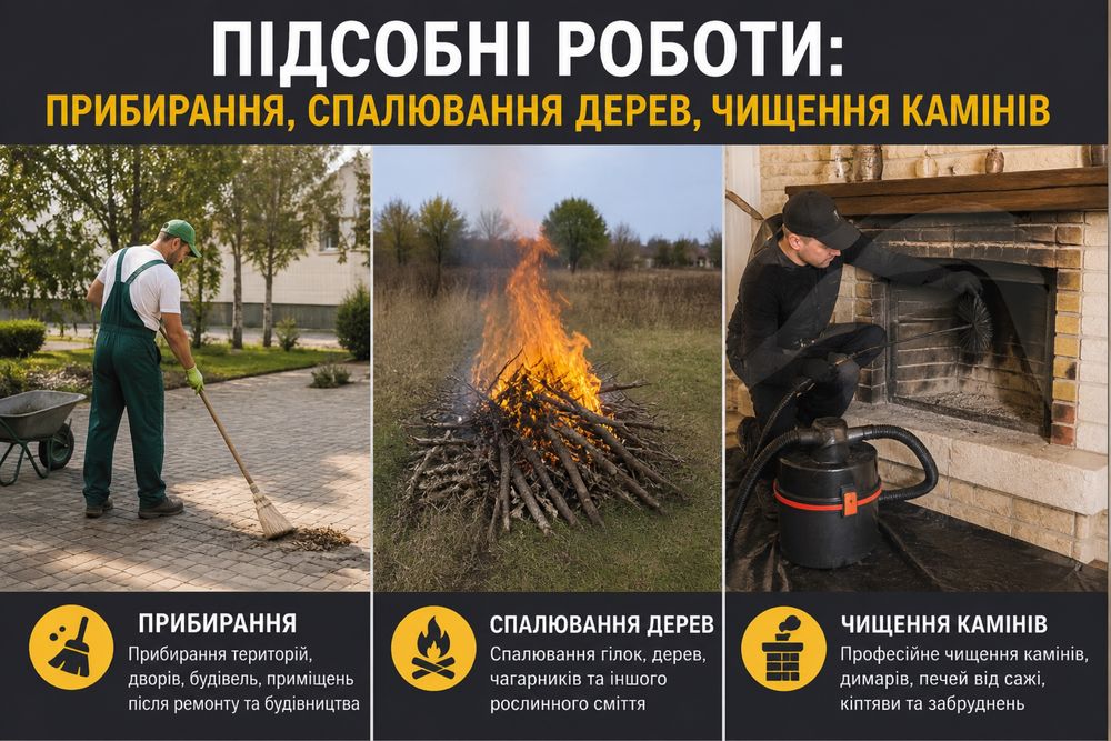Підсобні роботи: прибирання, вивоз  дерев, чищення камінів