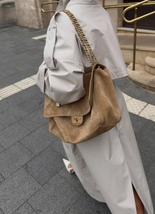 Сумка 38 см Chanel Maxi Small Flap Suede Bag Beige | Преміальна сумка шанель