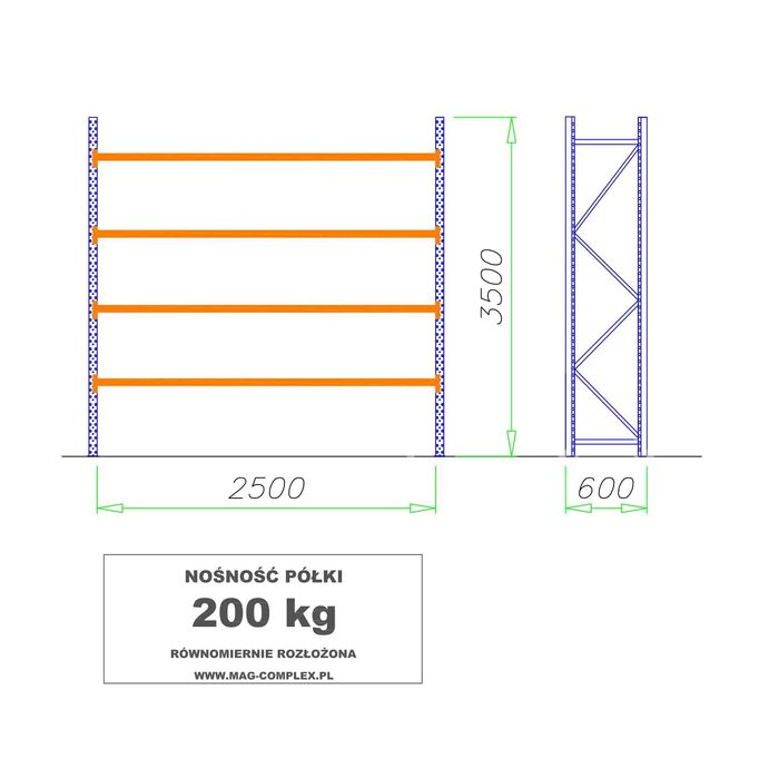 Regały od producenta magazynowe MRC-16, H=3500mm 5 półek – 200 kg
