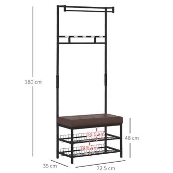 Cabideiro metal c banco, industrial, com sapateira 2 prateleiras, 72,5x35x180cm