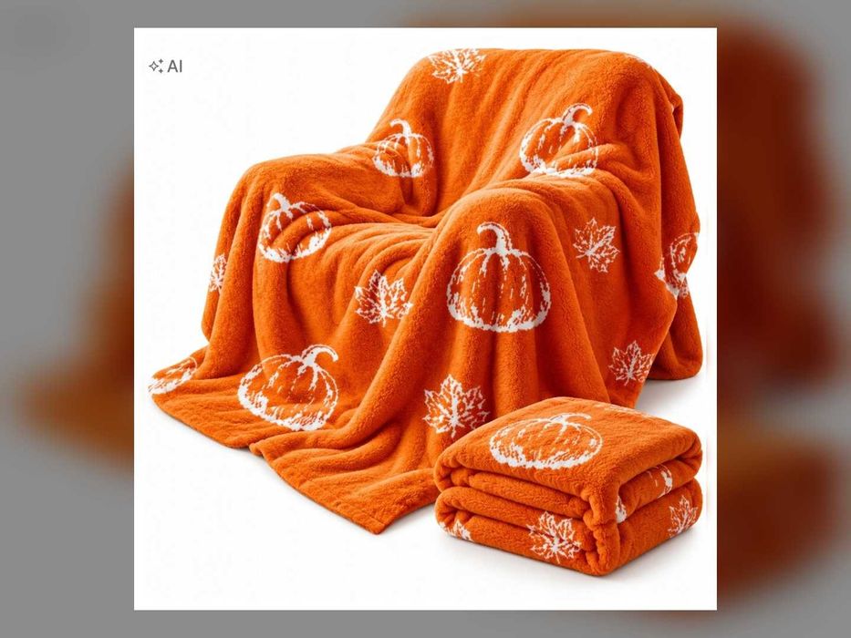Koc Jesienny W Dynie 130x150 cm Dwustronny Sherpa Miękka Narzuta Na Sofę Łóżko Kanapę