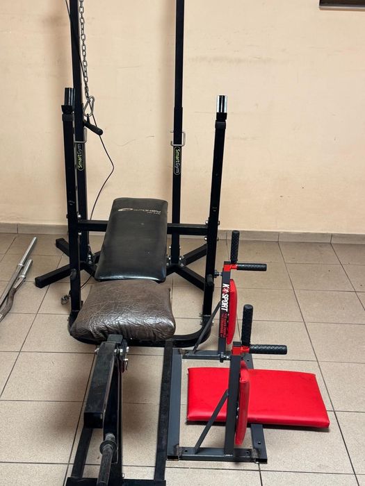 Domowa siłownia – komplet z obciążeniem 120 kg | Ławka, stojaki, wyciąg, drążek, sztangi