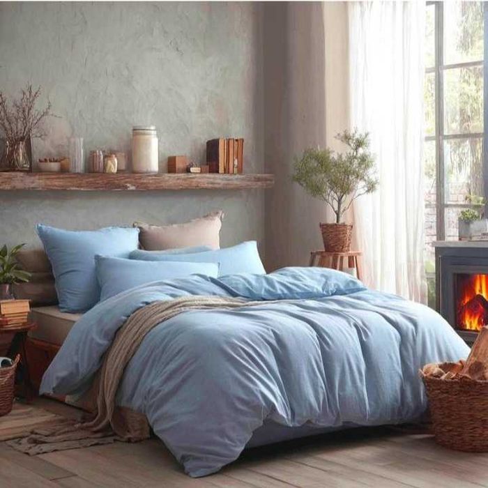 Постельное белье Фланель голубой Евро 50×70, 200×220