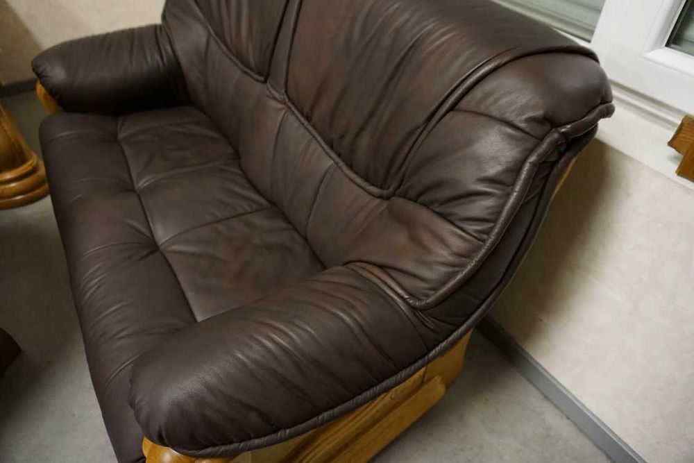 Zestaw na Stelażu Dębowym Skóra Brązowa Naturalna 3+2+1 (w-1118)