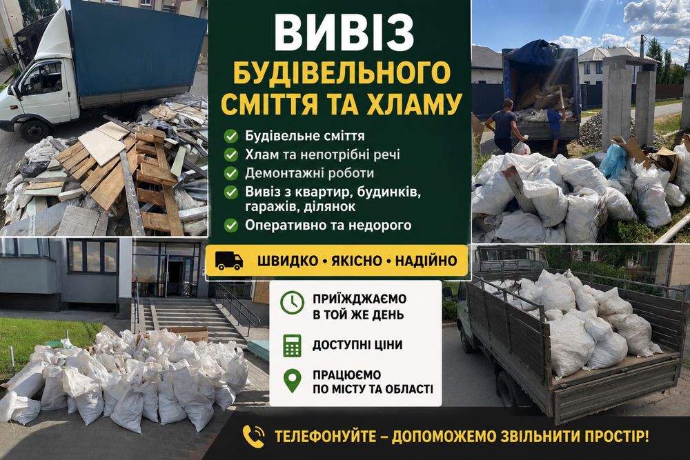 Вивіз будівельного сміття, хламу, меблів, є Вантажники