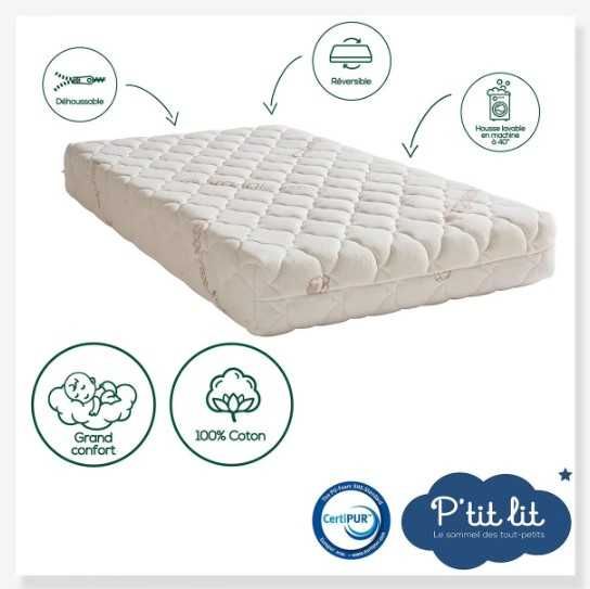 Colchão de bebé P'tit Lit  70x140 cm, Branco, Algodão Biológico, Novo