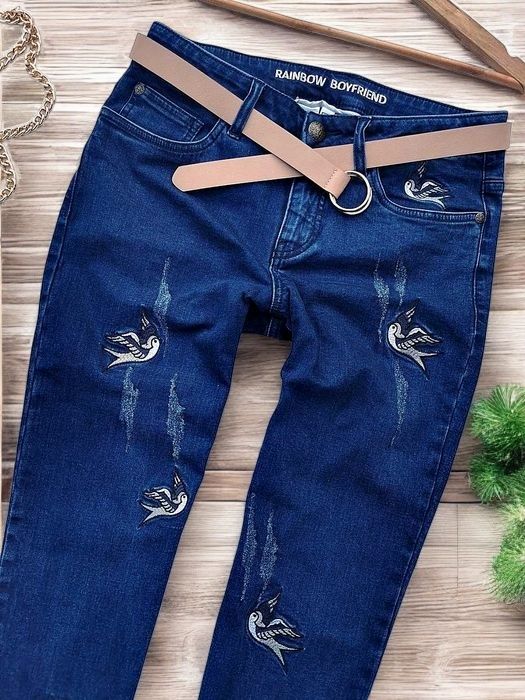 Spodnie Dżinsy Jeansy Haftowane Haft Ptaki Boyfriend Mom Boho Retro