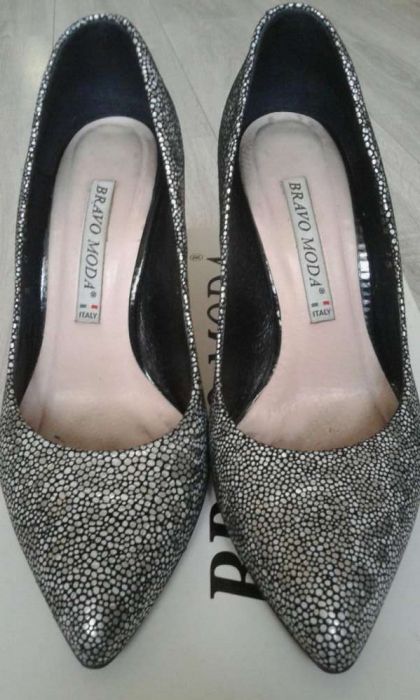 Czarno srebrne szpilki skóra naturalna 35