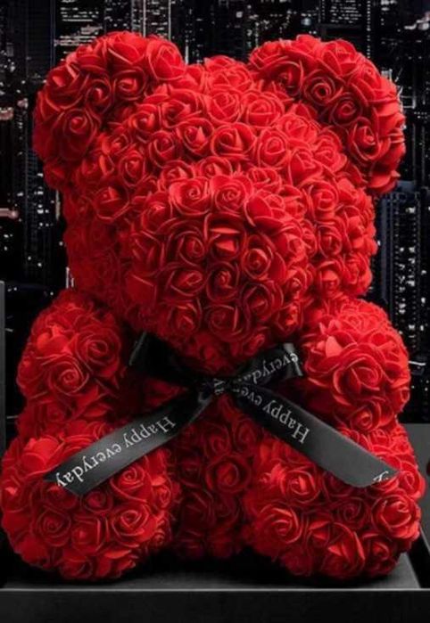 Duży różany miś 25cm płatki róż + pudełko prezentowe