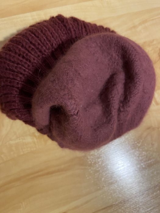 Moherowy beret ocieplany bordowy ciepły zima Vintage