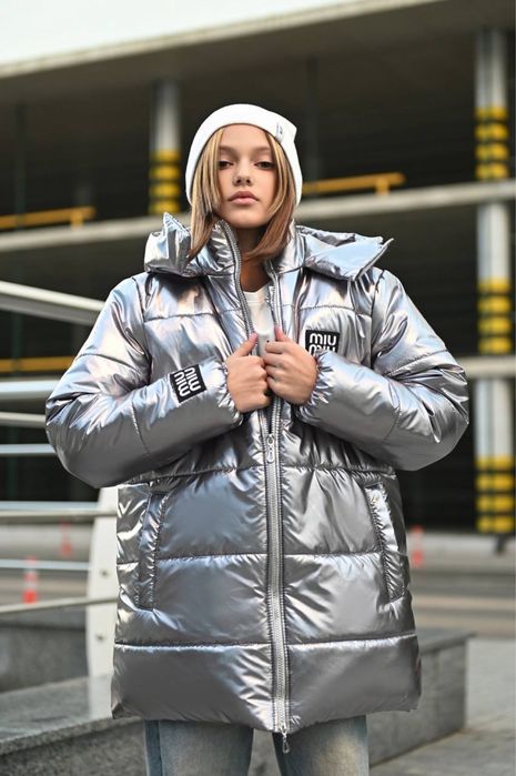 Зимова куртка пуховик на дівчинку 146 152 158 164 170 чорний металік