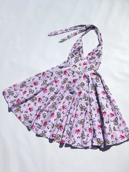 Винтажное расклешённое розовое платье коттон с рисунком TIKI Shop