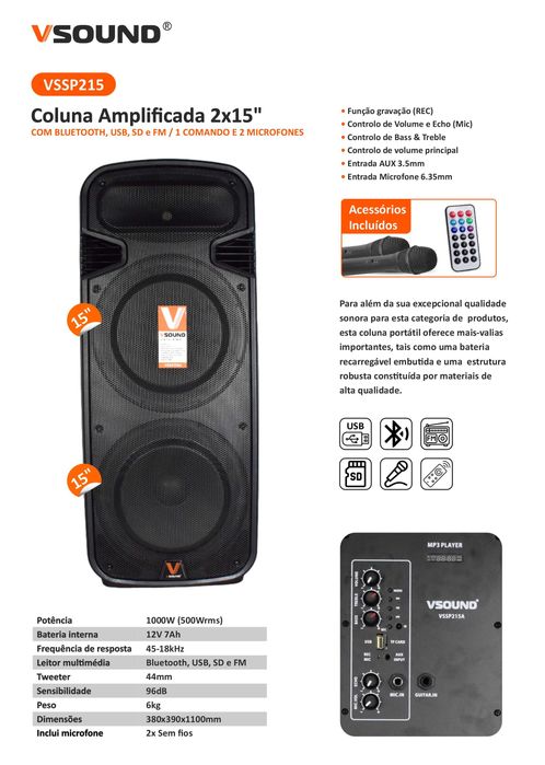 Coluna Amplificada 2x15" USB/FM/BT/SD/BAT 2xMICRO sem FIO - 1000W
