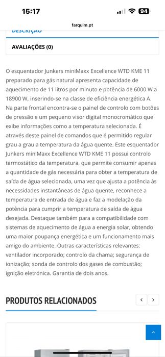 Esquentador Junkers GN 11 litros (novo)