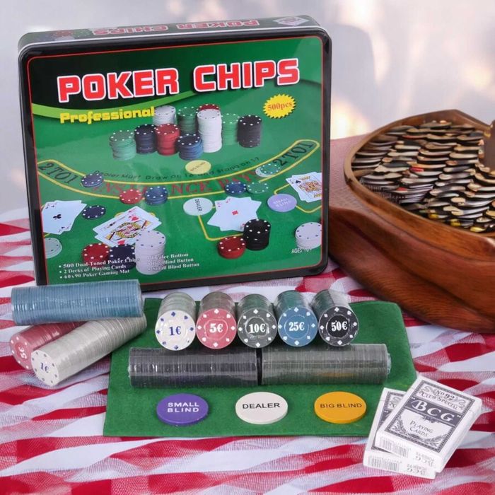 Набор покер в металлической коробке 100 200 300 500 фишек с номиналом