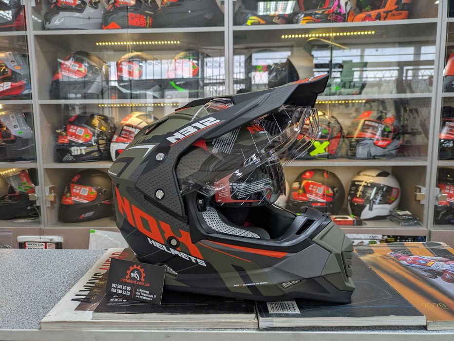 Мотард ендуро мото шолом з візором NOX N312 Vapor Matt Khaki Orange