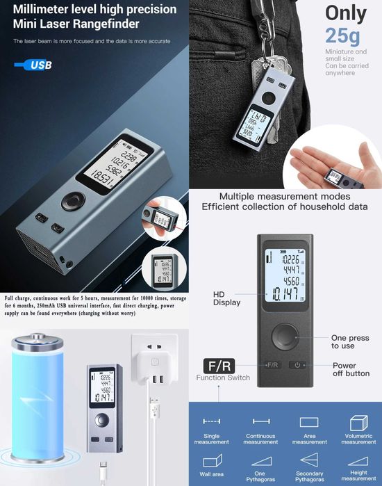 Мини лазерная рулетка дальномер угломер  50/60/80/100/120 м Li-Ion USB