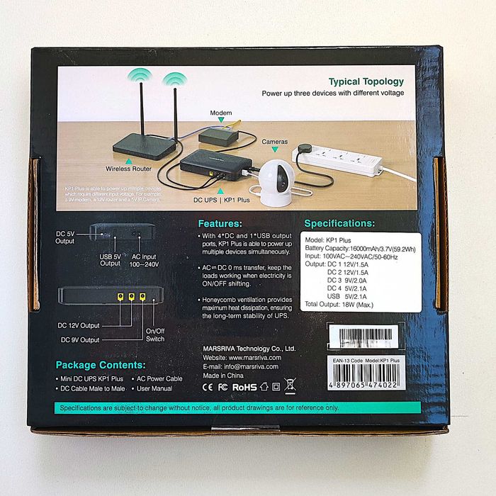 Мини ИБП для роутера Marsriva KP3 10000Ah,DC+USB OUT 5V/9V/12V, 2А/18W