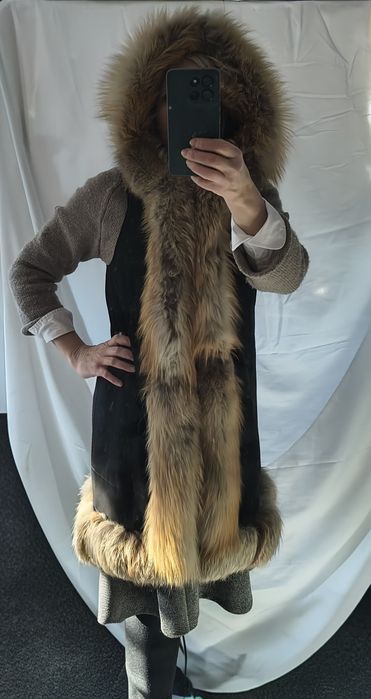 Bezrękawnik kamizelka długa  zamsz  i futro z lisa czekoladowy brąz M