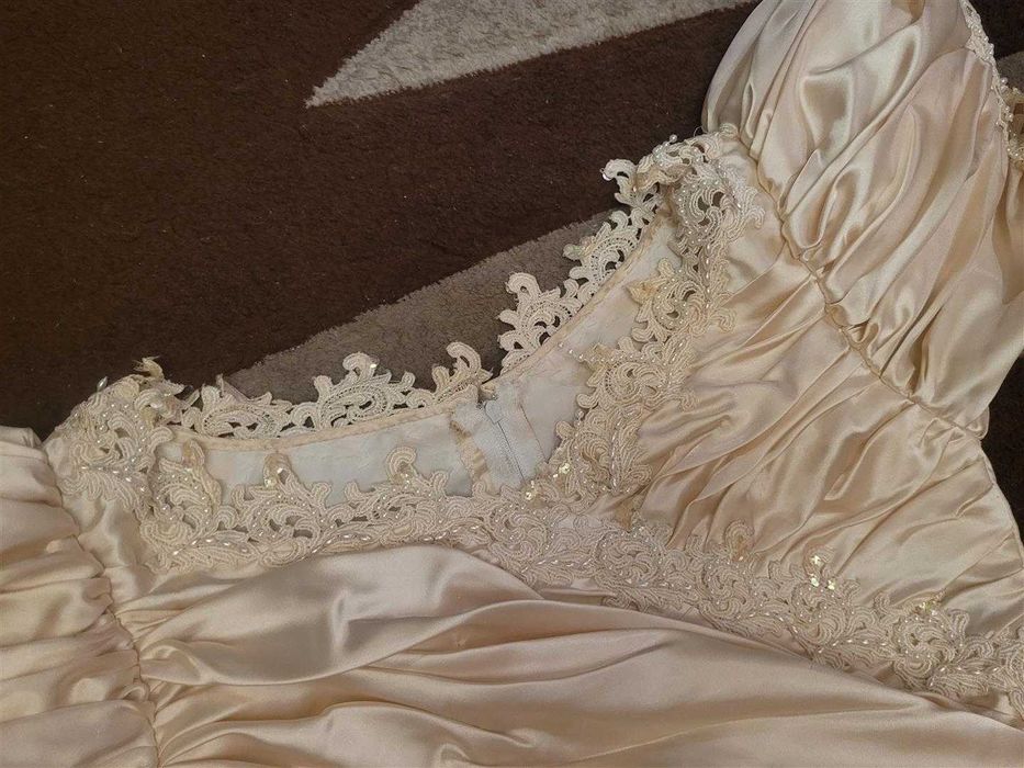 Suknia Ślubna - Rozmiar 36, Tafta, Perły, Rękawiczki, Halka, Komplet