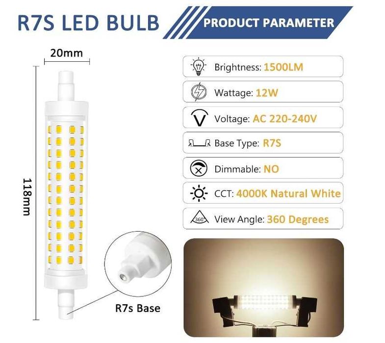 2x 12W R7S 118mm 4000K żarówka LED Naturalny Biały
