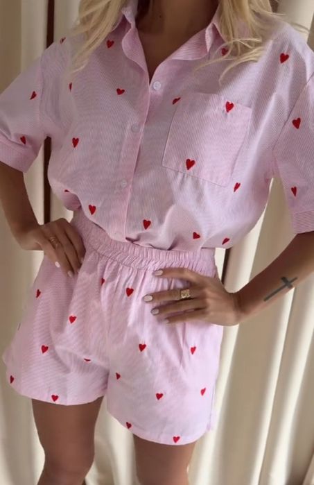 Komplet set letni różowy w czerwone serduszka butik one size nowy