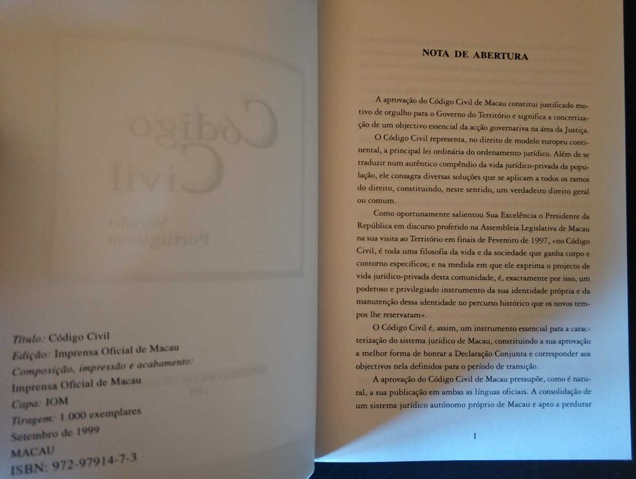 Livros "Código Civil e Código Processo Civil" Ed Imp Oficial Macau