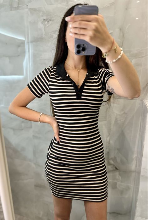 Sukienka dopasowana w paski z kołnierzykiem h&m xs czarno żółto biała