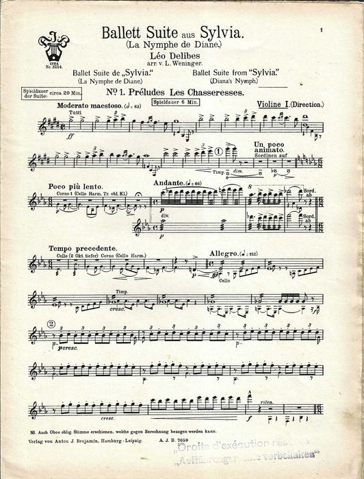 Sylvia - Leo Délibes - Partitura para Orquestra  do Prelúdio n.º 1 (Les Chassresses)