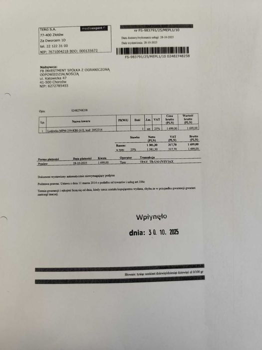 Chłodziarka MPM-259-KBI-16 E NOWA