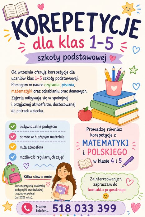 Korepetycje dla klas 1-5 szkoły podstawowej edukacja wczesnoszkolna polski matematyka