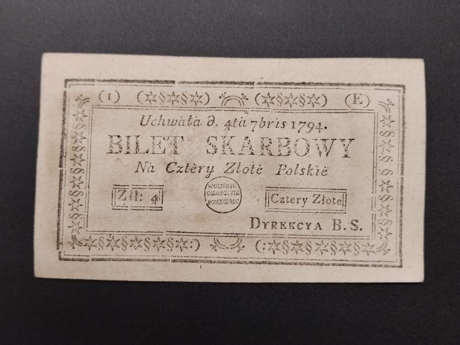 Bilet Skarbowy 4 Złote 1794 seria E PIERWSZY POLSKI PIENIĄDZ Kościuszko