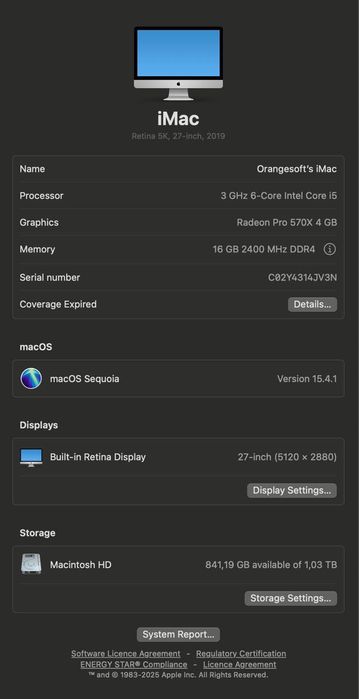 iMac 27' 2019, Retina 5K, 16 GB, Radeon PRO 570X 4 GB, 1 TB HDD.