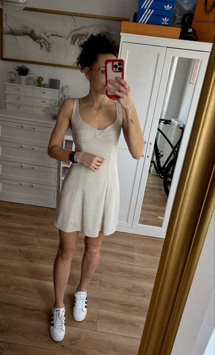 Sukienka prążkowana beżowa dekolt Zara M mini