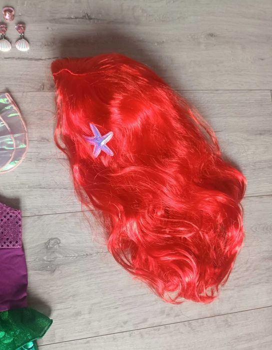 Nowy strój! Syrenka Ariel + PERUKA + biżuteria! r. 122/128