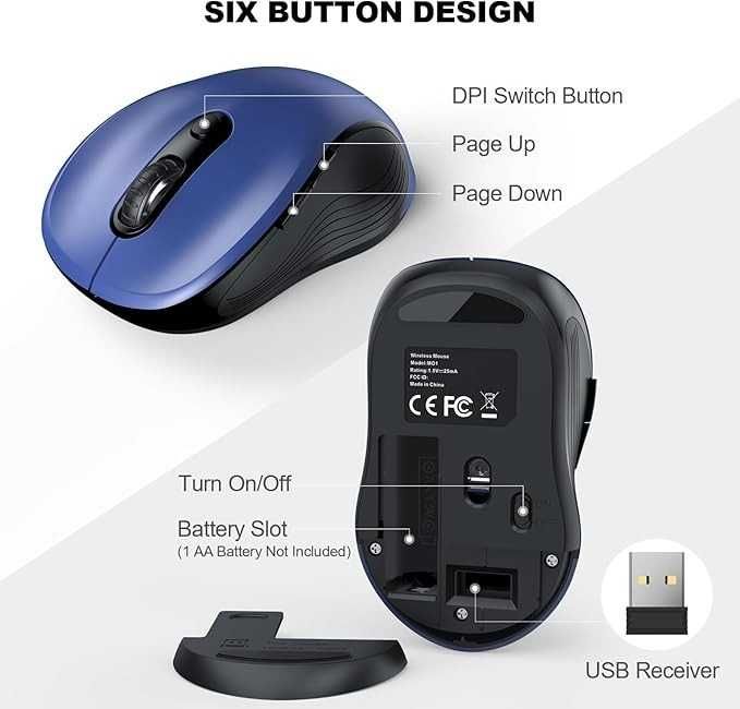 WisFox Bezprzewodowa 2.4G ergonomiczna mysz USB 6 przycisków niebieska