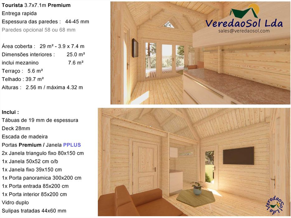 KIT Casa madeira TOURISTA 44mm 29m² - c.d. Banho - Mezanino - Terraço