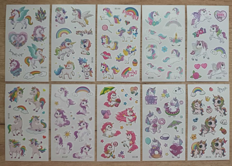 10 arkuszy tatuaży! Śliczne tatuaże TĘCZOWE JEDNOROŻCE