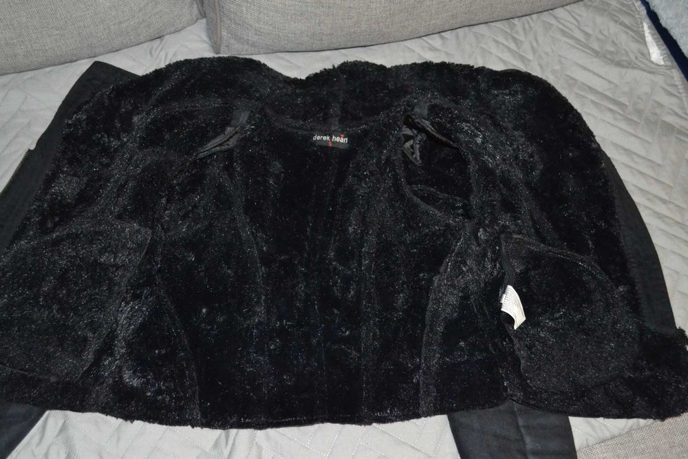 Ciepła kurtka krótka ramoneska zamsz XS 34 S 36 czarna ocieplana derek
