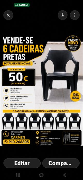 Linda cadeira cor preta Alta qualidade .Temos 6 custa 100.00 preço especial Combinar entrega