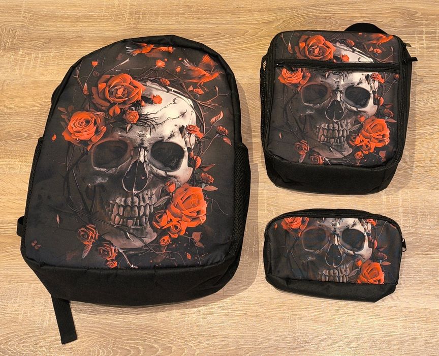 Zestaw Plecak+Torba Termiczna+Kosmetyczka/Motyw-Czaszka i Róże