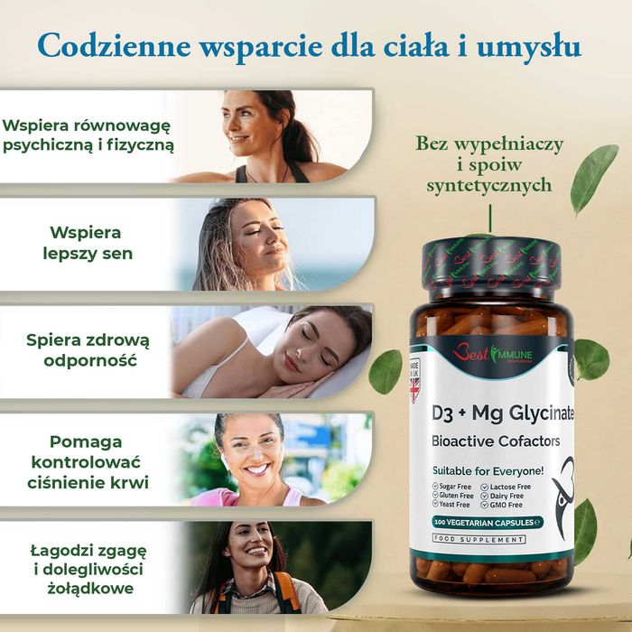 Glicynian Magnezu 400mg Witamina D3 1000IU Naturalny Biodostępny