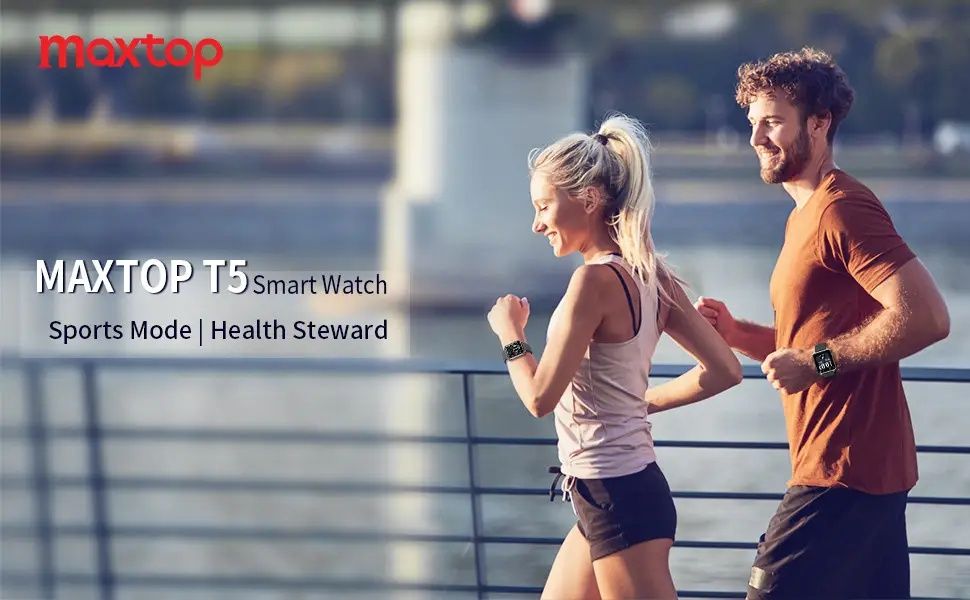 Смарт годинник Maxtop T5 у металевому корпусі, з чорним ремінцем.