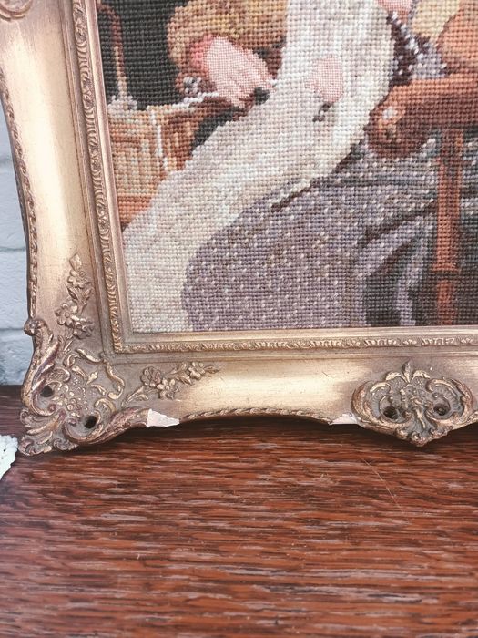 Obraz haftowany, wg. obrazu A. Ankera , stara rama, gobelin
